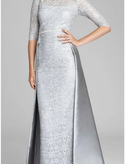 Sheath / Column Mother of the Bride Dress Wedding Guest Elegant Jewel Neck Floor Length Satin Lace Half Sleeve with Ruching Solid Color