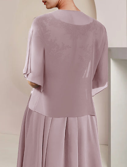 Two Piece A-Line Mother of the Bride Dress Formal Wedding Guest Elegant V Neck Asymmetrical Tea Length Chiffon Lace Short Sleeve Wrap Included with Pleats Appliques