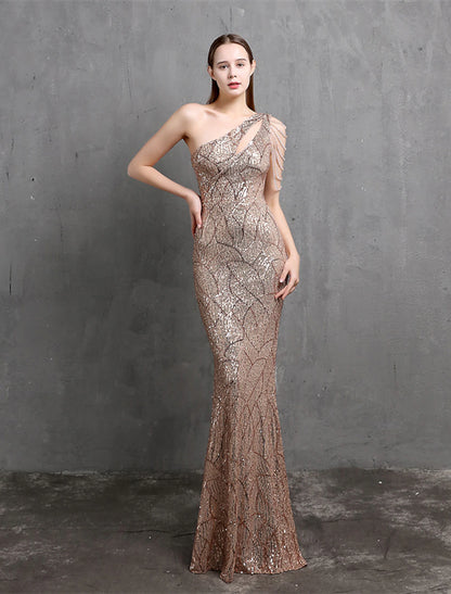 Mermaid / Trumpet Evening Gown Sparkle & Shine Dress Formal Wedding Guest Floor Length Short Sleeve One Shoulder Sequined with Sequin