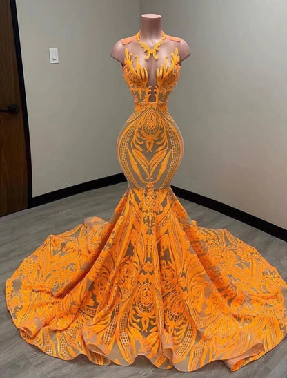 Mermaid Black Dress Plus Size Evening Gown Elegant Dress Carnival Formal Court Train Sleeveless Illusion Neck African American Sequined with Sequin