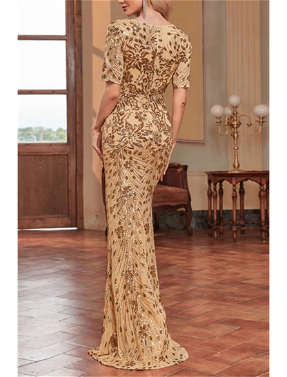 Mermaid / Trumpet Mother of the Bride Dress Wedding Guest Elegant Sparkle & Shine V Neck Floor Length Sequined Short Sleeve with Sequin Flower