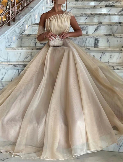 Ball Gown Prom Dresses Elegant Dress Wedding Black Tie Court Train Sleeveless One Shoulder Organza with Ruched