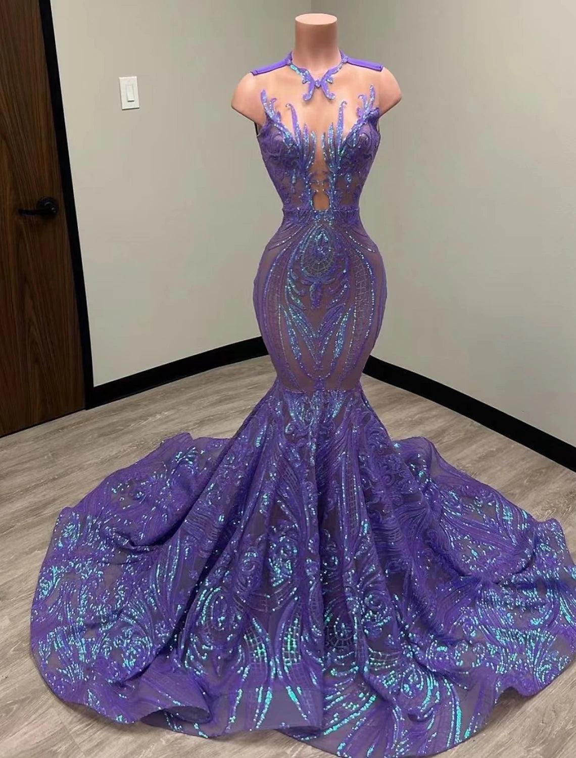 Mermaid Black Dress Plus Size Evening Gown Elegant Dress Carnival Formal Court Train Sleeveless Illusion Neck African American Sequined with Sequin