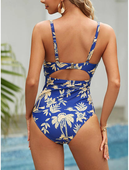 Women's Normal Swimwear One Piece Swimsuit Push Up Floral Graphic V Neck Vacation Beach Wear Bathing Suits