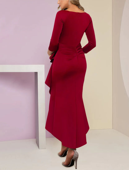 Mermaid / Trumpet Mother of the Bride Dress Wedding Guest Elegant Petite Scoop Neck Asymmetrical Fabric Long Sleeve with Ruffles Ruching
