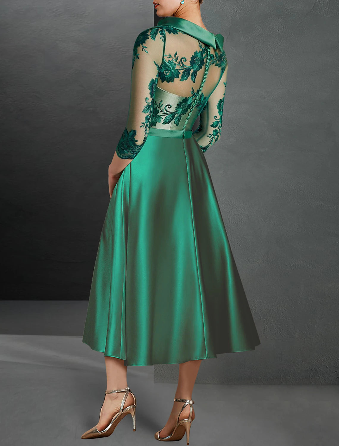 A-Line Cocktail Dress Red Green Dresses Floral Dress Red Green Dress Formal Wedding Guest Tea Length 3/4 Length Sleeve Jewel Neck Satin with Ruched Appliques