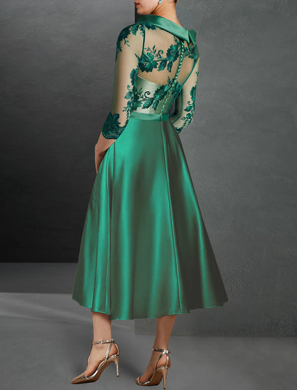 A-Line Cocktail Dress Red Green Dresses Floral Dress Red Green Dress Formal Wedding Guest Tea Length 3/4 Length Sleeve Jewel Neck Satin with Ruched Appliques
