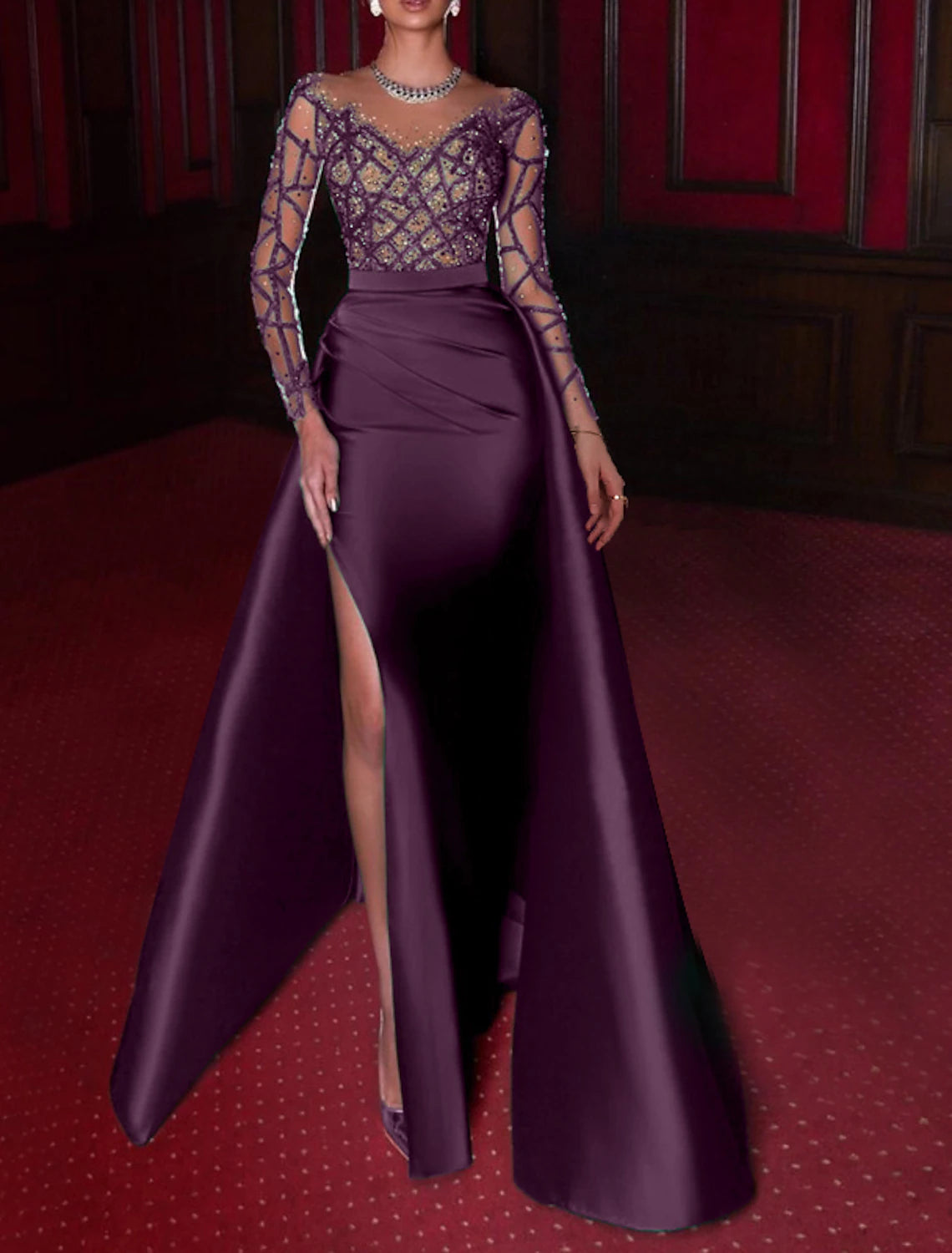 A-Line Evening Gown Luxurious Dress Wedding Party Black Tie Gala Floor Length 3/4 Length Sleeve Off Shoulder Satin with Rhinestone Embroidery Appliques