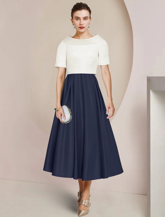 A-Line Mother of the Bride Dress Formal Wedding Guest Elegant Party Scoop Neck Tea Length Satin Short Sleeve with Pleats Color Block