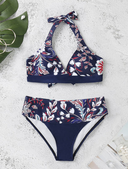 Women's Swimwear Bikini 2 Piece Swimsuit Halter 2 Piece Open Back Sexy Floral V Wire Tropical Sexy Bathing Suits