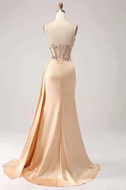 Beaira Elegant Champagne Mermaid Pleated Satin Prom Dress With Appliques