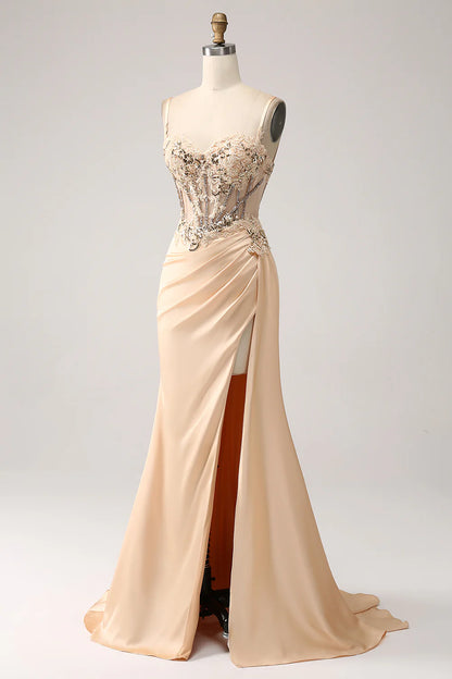 Beaira Elegant Champagne Mermaid Pleated Satin Prom Dress With Appliques