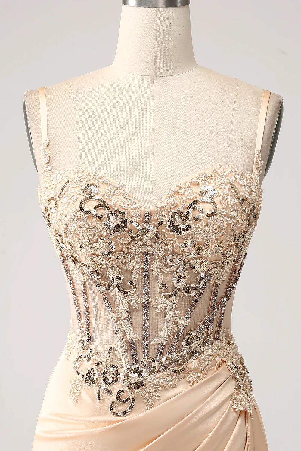 Beaira Elegant Champagne Mermaid Pleated Satin Prom Dress With Appliques