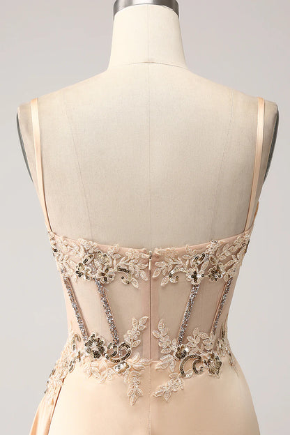 Beaira Elegant Champagne Mermaid Pleated Satin Prom Dress With Appliques