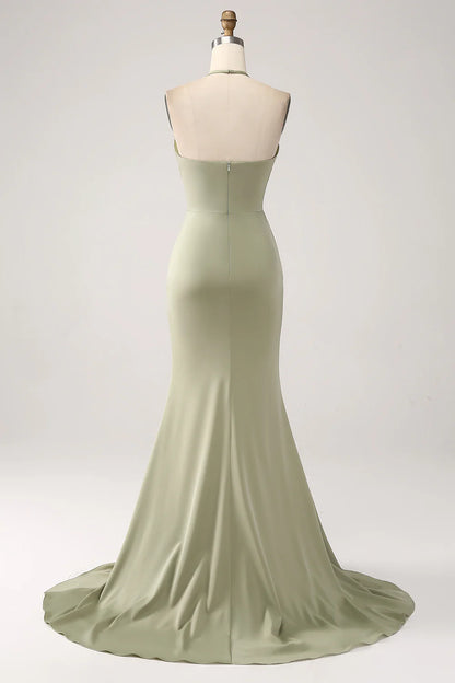 Beaira Sheath Pistachio V-Neck Beaded Long Prom Dress With Slit