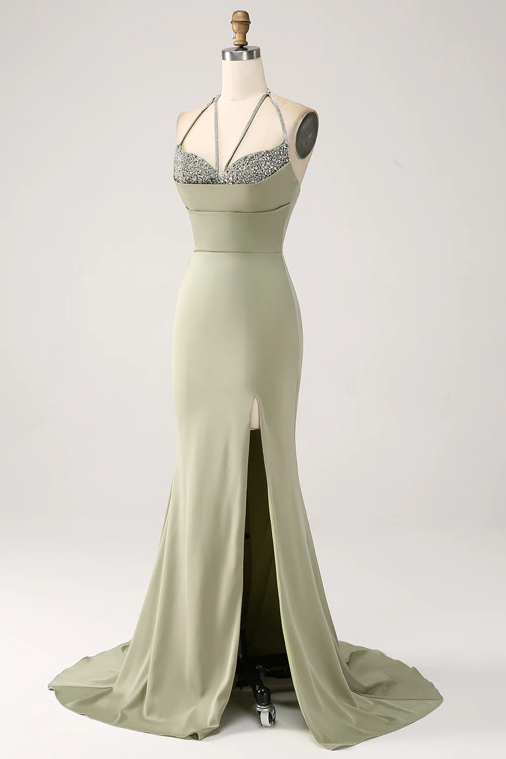 Beaira Sheath Pistachio V-Neck Beaded Long Prom Dress With Slit