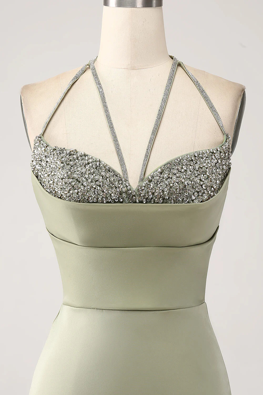 Beaira Sheath Pistachio V-Neck Beaded Long Prom Dress With Slit