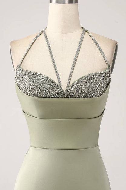 Beaira Sheath Pistachio V-Neck Beaded Long Prom Dress With Slit