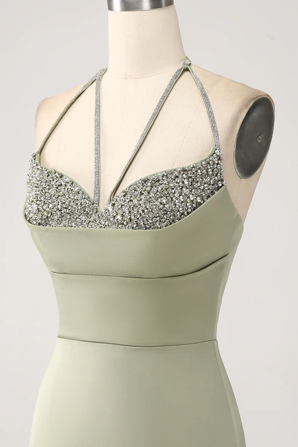 Beaira Sheath Pistachio V-Neck Beaded Long Prom Dress With Slit