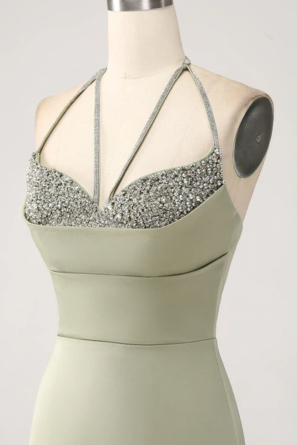 Beaira Sheath Pistachio V-Neck Beaded Long Prom Dress With Slit