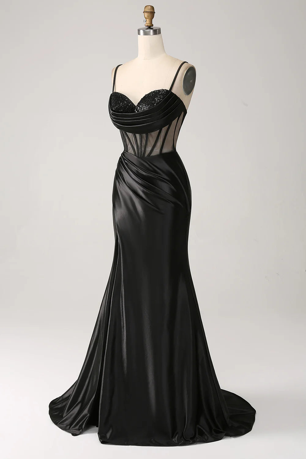 Beaira Mermaid Sweetheart Black Satin Long Prom Dress With Beading