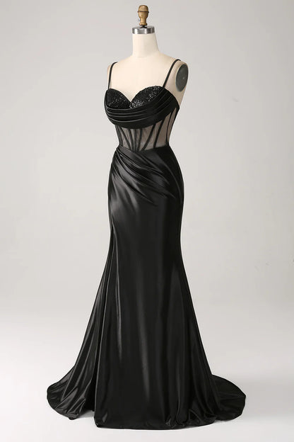 Beaira Mermaid Sweetheart Black Satin Long Prom Dress With Beading