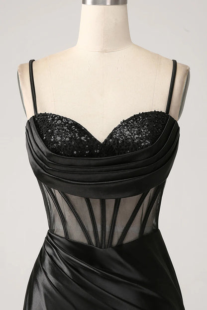 Beaira Mermaid Sweetheart Black Satin Long Prom Dress With Beading