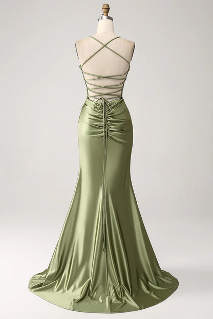 Beaira Army Green Mermaid Cowl Neckline Sequin Long Prom Dress With Slit