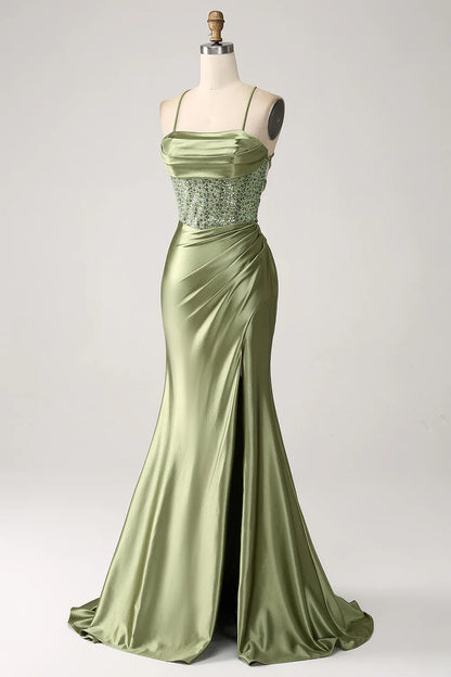 Beaira Army Green Mermaid Cowl Neckline Sequin Long Prom Dress With Slit