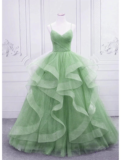 Ball Gown Prom Dresses Glittering Dress Formal Prom Floor Length Sleeveless V Neck Tulle with Glitter Ruffles