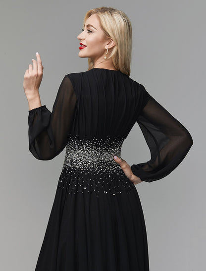 A-Line Evening Dress Celebrity Red Carpet Formal Gown Party Dress Black Tie Wedding Guest Floor Length Long Sleeve V Neck Chiffon with Sequin