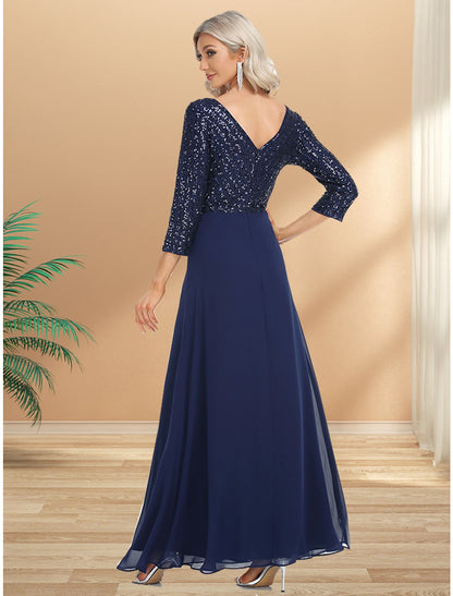 A-Line Evening Gown Plus Size Dress Wedding Guest Black Tie Floor Length 3/4 Length Sleeve V Neck Chiffon V Back with Sequin