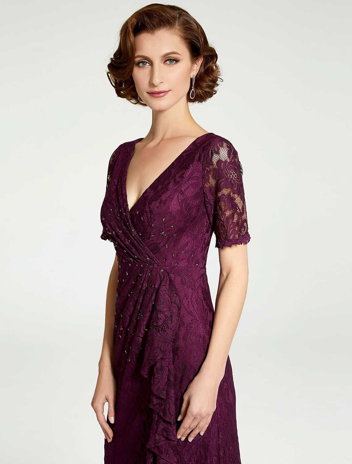 Sheath / Column Mother of the Bride Dress V Neck Floor Length Lace Short Sleeve with Lace Beading