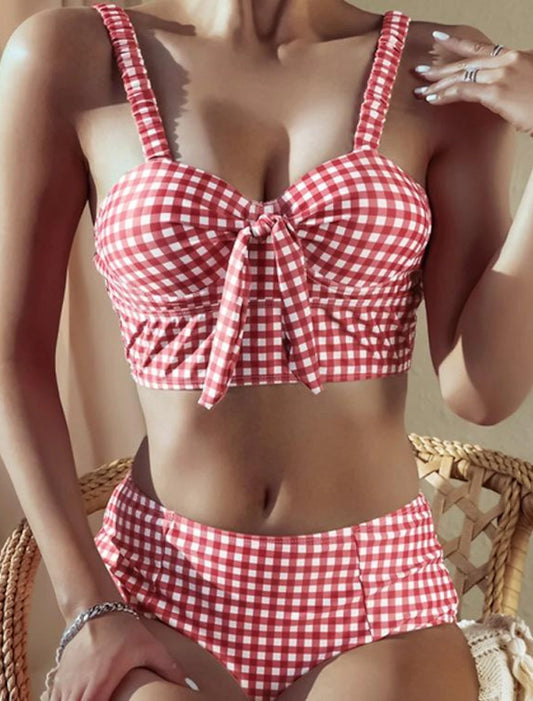 2 pcs Swimwear Bikini Swimsuits 1950s High-Waisted Women's Plaid Checkered Polyester Pink Bra Briefs