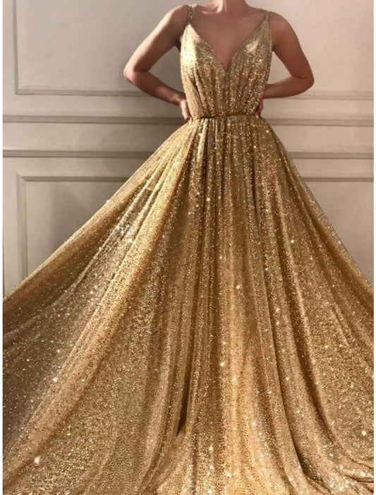 A-Line Prom Dresses Elegant Dress Formal Court Train Christmas Red Green Dress Sleeveless Spaghetti Strap Sequined with Glitter Pleats