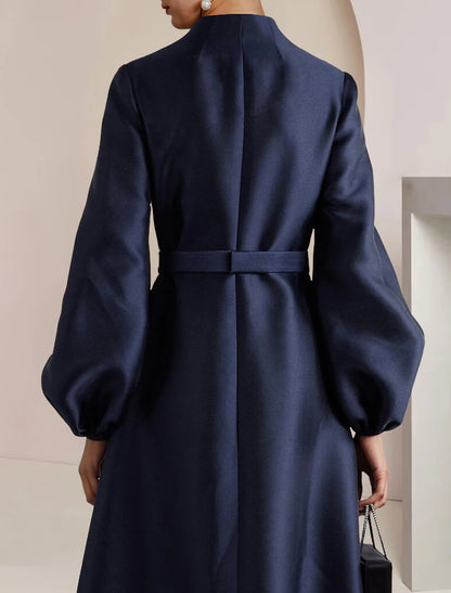A-Line Mother of the Bride Dress Wedding Guest Party Elegant V Neck Floor Length Satin Long Sleeve with Pearls