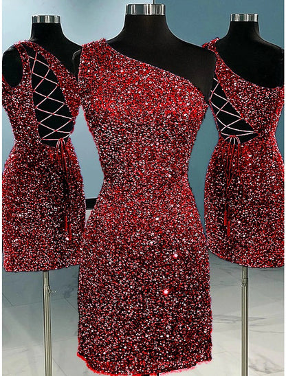 A-Line Sheath / Column Homecoming Dresses Sparkle & Shine Dress Holiday Graduation Short / Mini Sleeveless One Shoulder Sequined with Glitter Strappy