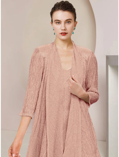 Two Piece Mother of the Bride Dress Simple Petite Scoop Neck Knee Length Lace 3/4 Length Sleeve with Pleats Solid