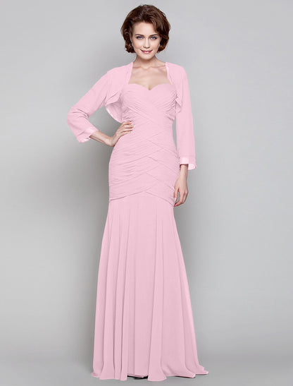 Mermaid / Trumpet Mother of the Bride Dress Two Piece Sweetheart Floor Length Chiffon Long Sleeve with Criss Cross