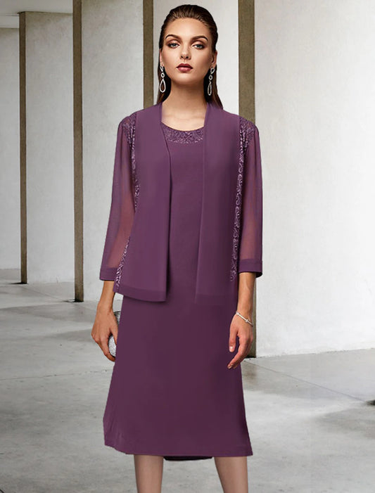 Two Piece A-Line Mother of the Bride Dress Elegant Jewel Neck Tea Length Chiffon Lace Sleeveless Wrap Included with Solid