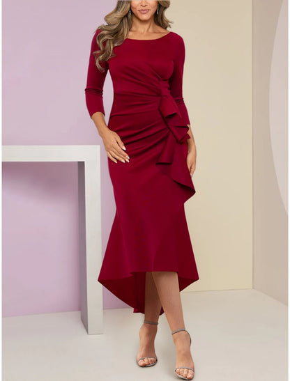 Mermaid / Trumpet Mother of the Bride Dress Wedding Guest Elegant Petite Scoop Neck Asymmetrical Fabric Long Sleeve with Ruffles Ruching