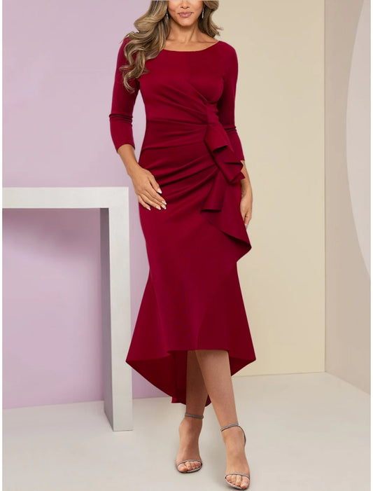 Mermaid / Trumpet Mother of the Bride Dress Wedding Guest Elegant Petite Scoop Neck Asymmetrical Fabric Long Sleeve with Ruffles Ruching