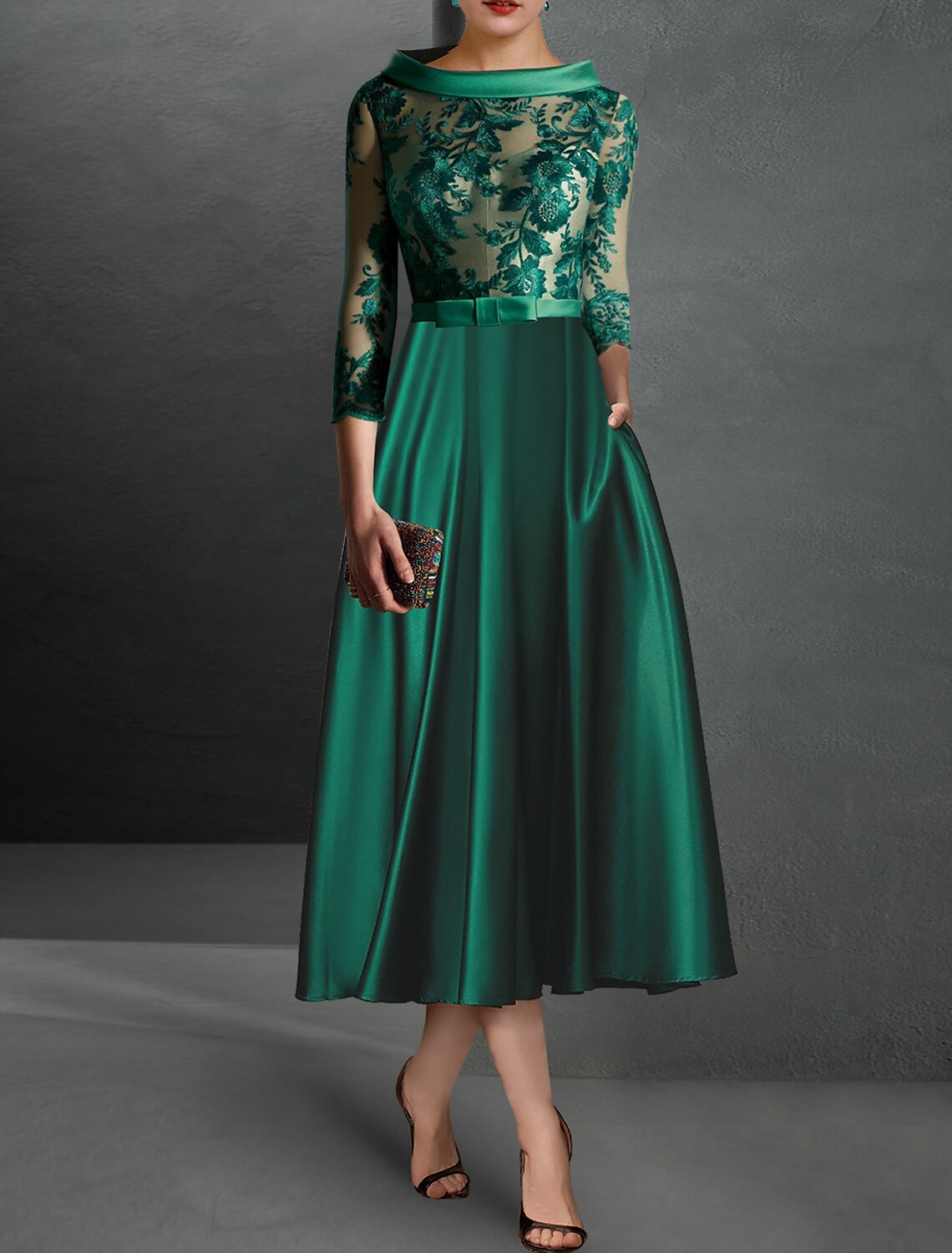 A-Line Cocktail Dress Red Green Dresses Floral Dress Red Green Dress Formal Wedding Guest Tea Length 3/4 Length Sleeve Jewel Neck Satin with Ruched Appliques