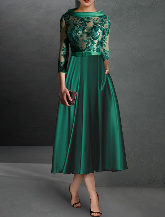 A-Line Cocktail Dress Red Green Dresses Floral Dress Red Green Dress Formal Wedding Guest Tea Length 3/4 Length Sleeve Jewel Neck Satin with Ruched Appliques