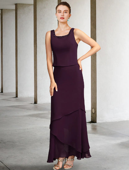 Two Piece A-Line Mother of the Bride Dress Plus Size Elegant Square Neck Ankle Length Chiffon Sleeveless Wrap Included Jacket Dresses with Pearls Beading Tier