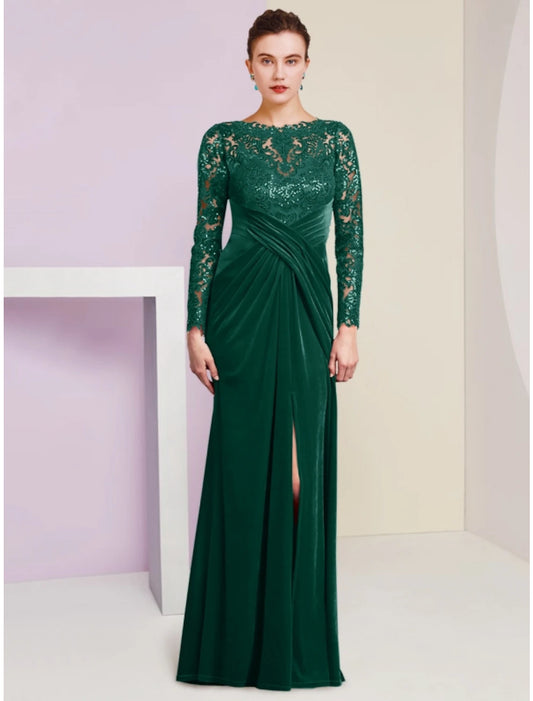 A-Line Mother of the Bride Dress Wedding Guest Elegant Party Scoop Neck Floor Length Velvet Long Sleeve with Lace Sequin Split Front