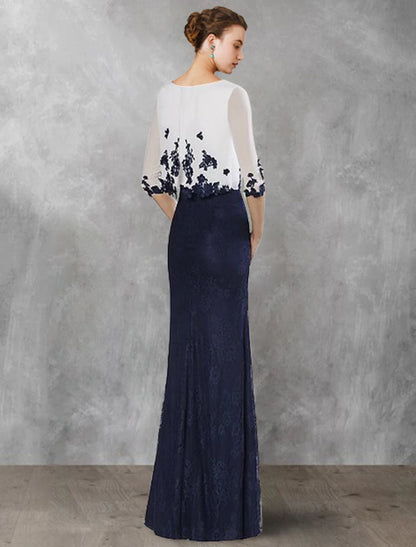Two Piece Sheath / Column Mother of the Bride Dress Wedding Guest Vintage Elegant Jewel Neck Floor Length Chiffon Lace Half Sleeve with Appliques
