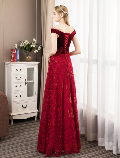 A-Line Prom Dresses Glittering Dress Engagement Prom Floor Length Short Sleeve Jewel Neck Tulle with Pleats Crystals Pattern