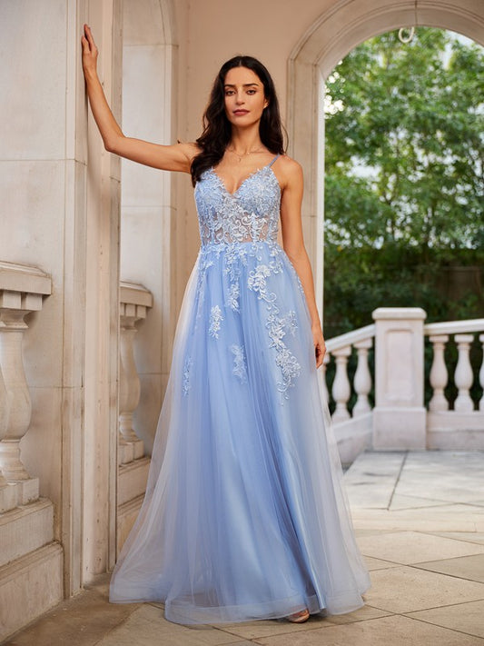 A-Line/Princess Tulle Applique V-neck Sleeveless Floor-Length Dresses