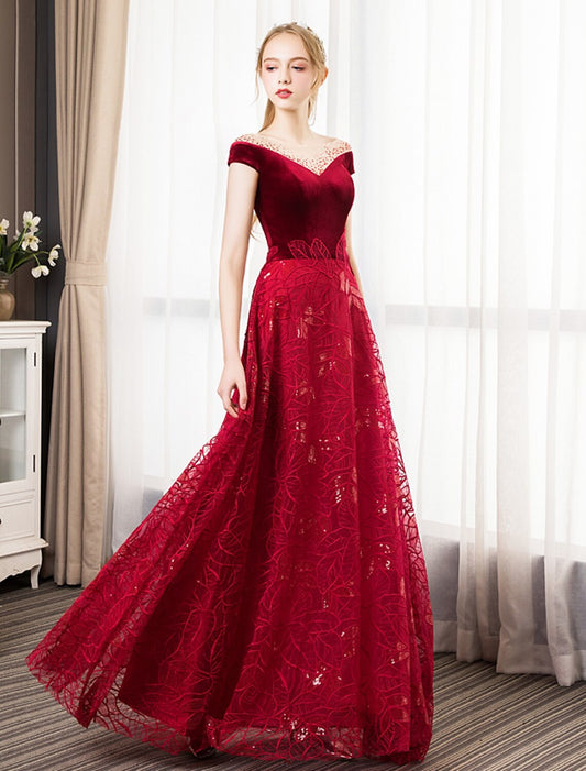 A-Line Prom Dresses Glittering Dress Engagement Prom Floor Length Short Sleeve Jewel Neck Tulle with Pleats Crystals Pattern